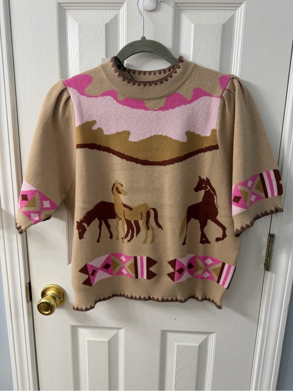 THML Tan Sweater Top with Pink & Brown Horse Motif